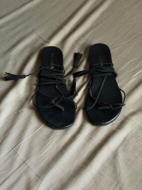 Fashion Nova Black Lace-Up Tassel Flat Sandals